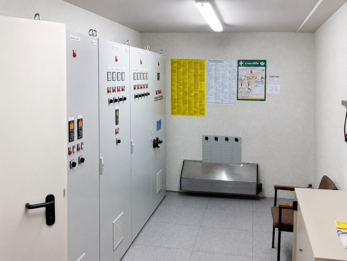 Technikraum mit Schaltschränken, Erste-Hilfe-Kasten und Schreibtisch.